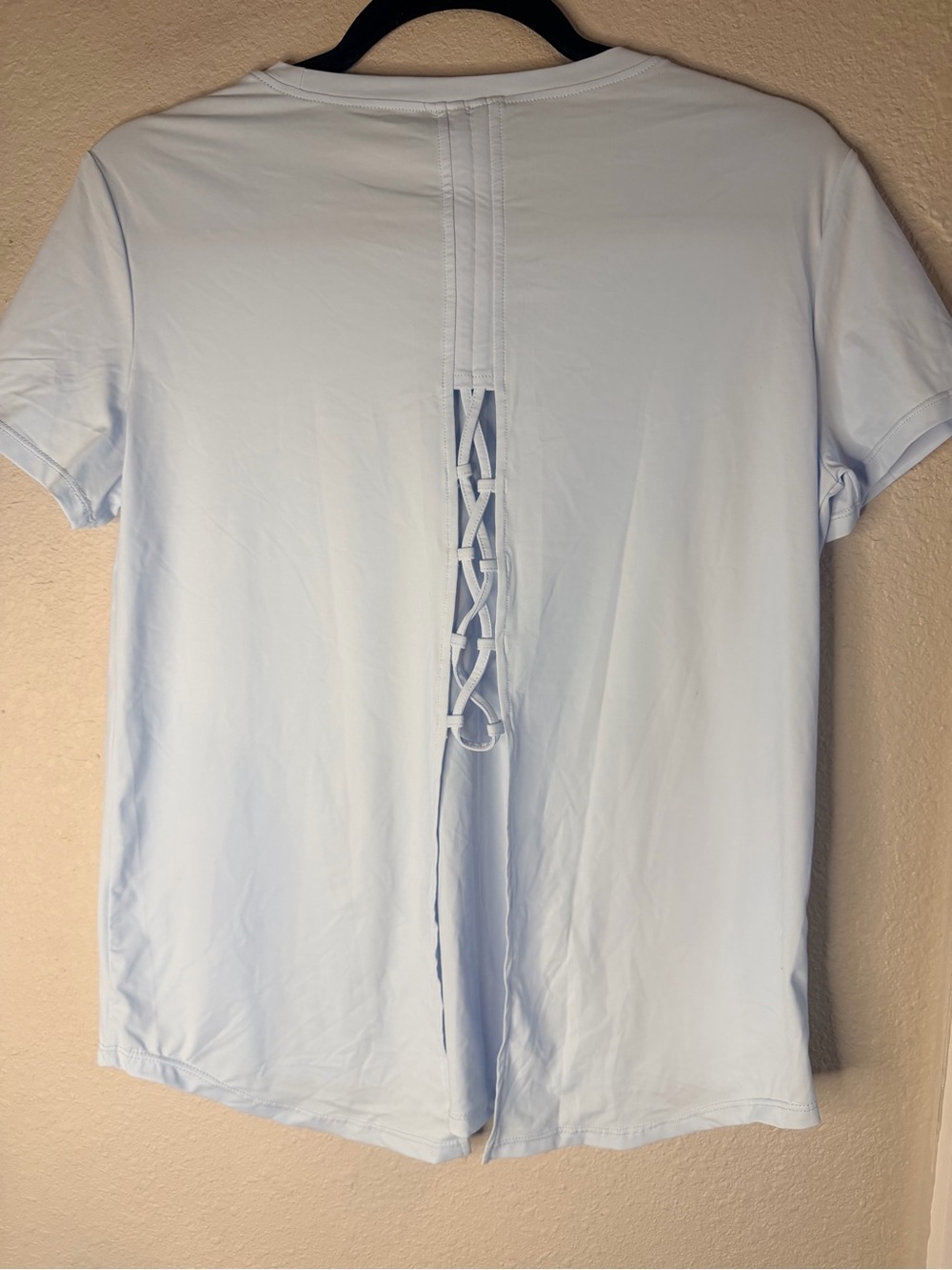 Halara Light Blue Soft Women’s Short Sleeve Active Shirt with Back Lace Detail